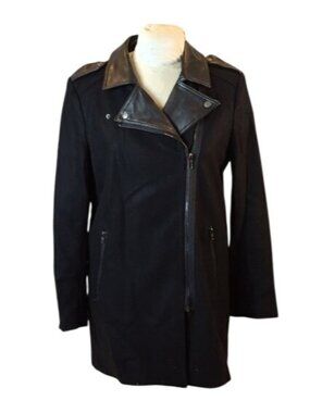 Buffalo David Bitton Black Wool Blend Asymmetrical Zip Jacket Faux Leather Colla